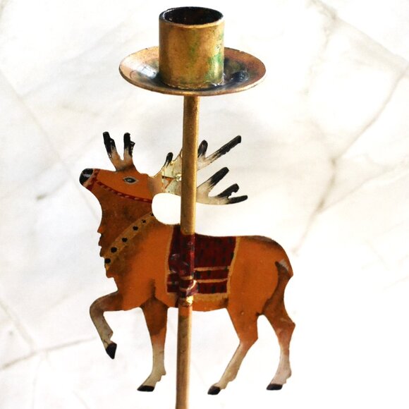 Pair Of Brass Candleholders With Reindeer Christmas Decor - Picture 6 of 6